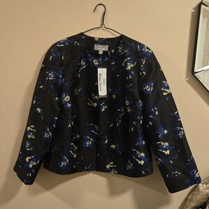 NWT Dennis Basso Floral Jacquard Black Blazer - Blue & Yellow - Size 8
